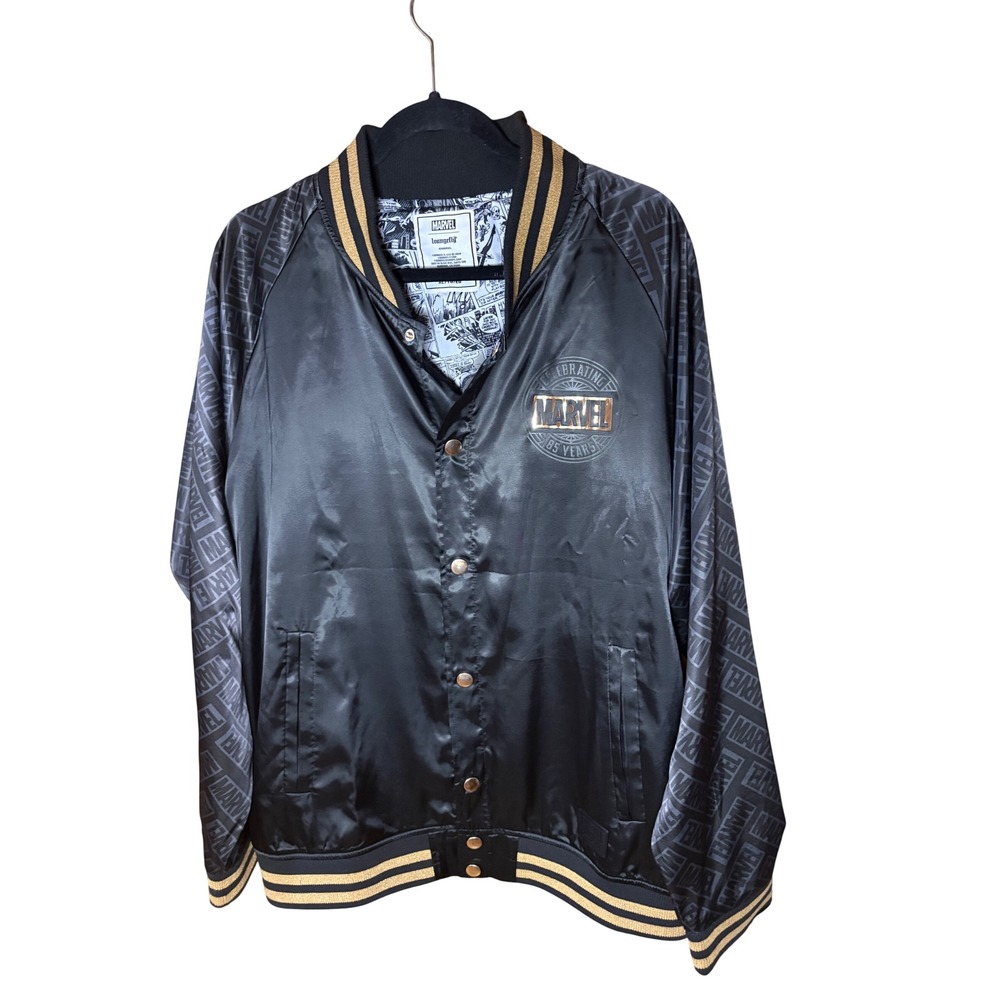 Marvel Loungefly 85 Years Anniversary Bomber Jacket Black Gold Satin Mens XL